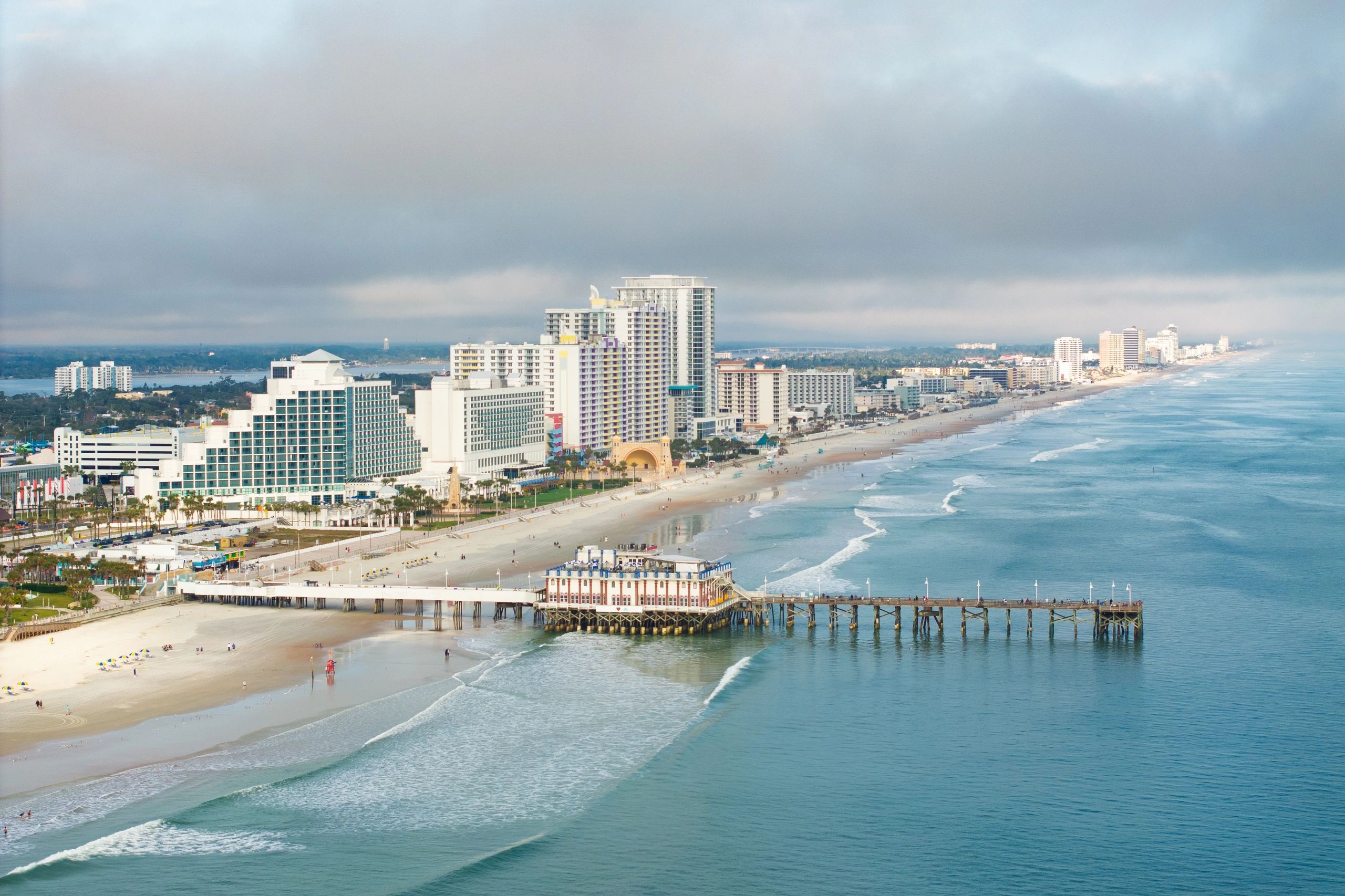 Aerial view of Daytona Beach shoreline and pier